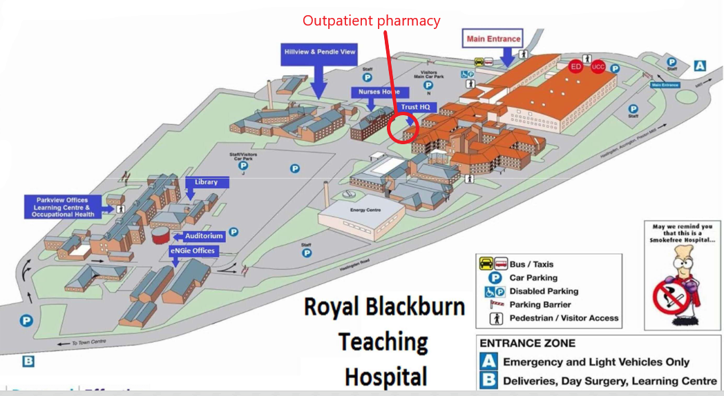 A map to find the new outpatients pharmacy. The pharmacy is near the main car park on Old Bank Lane