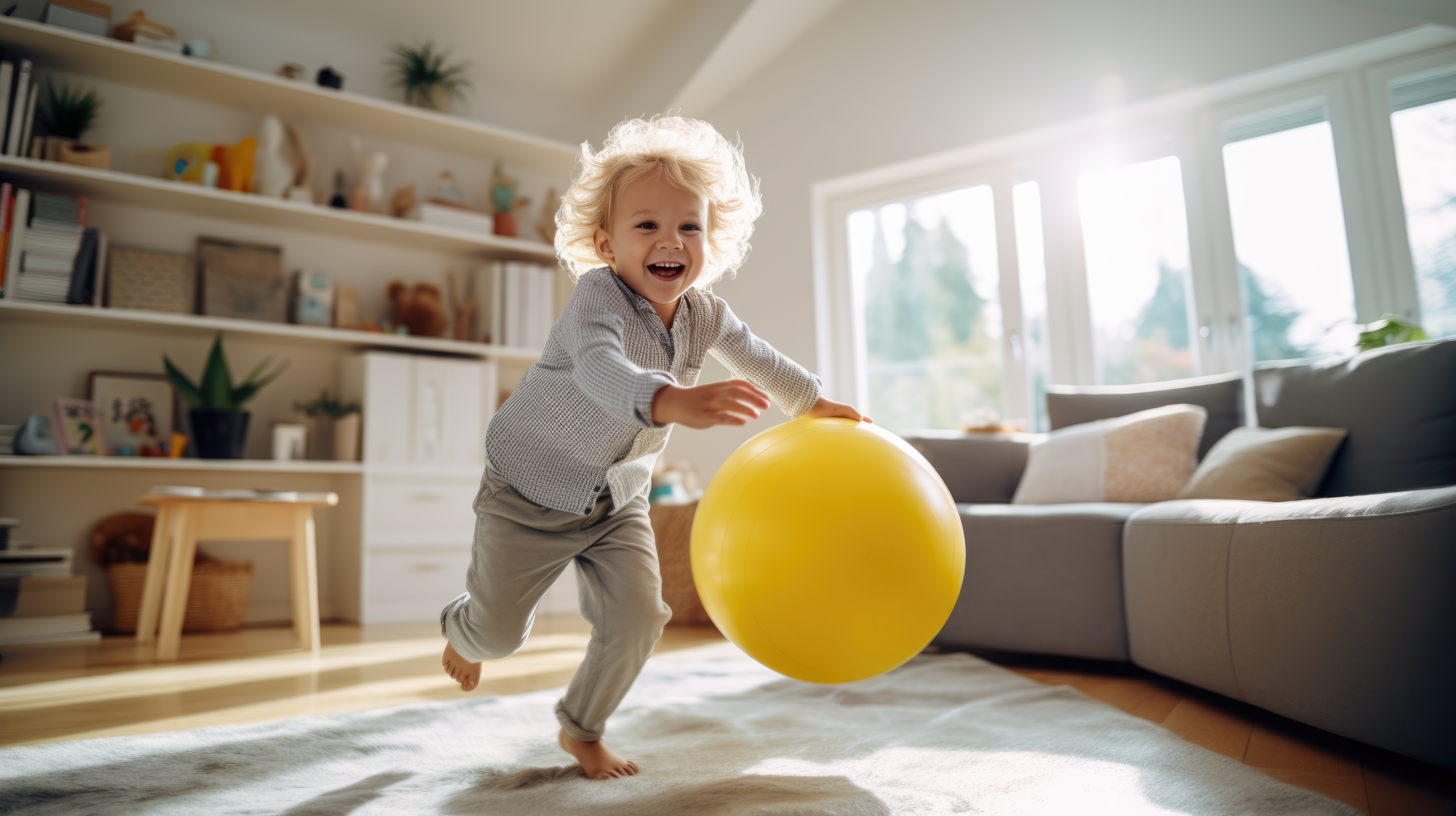 Picture of child chasing a ball indoors