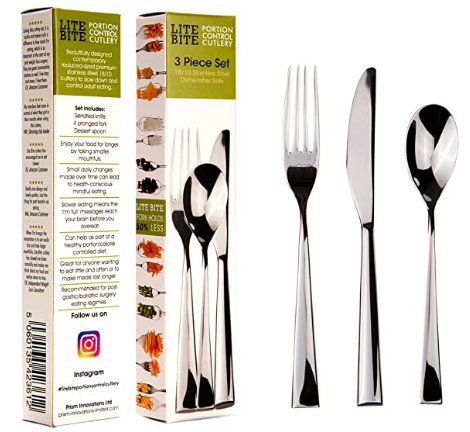 – Lite Bite Portion Control Cutlery 3 piece set, stainless steel, fit less food than standard sized cutlery to be used as a training aid for slower eating, Amazon £14.95 