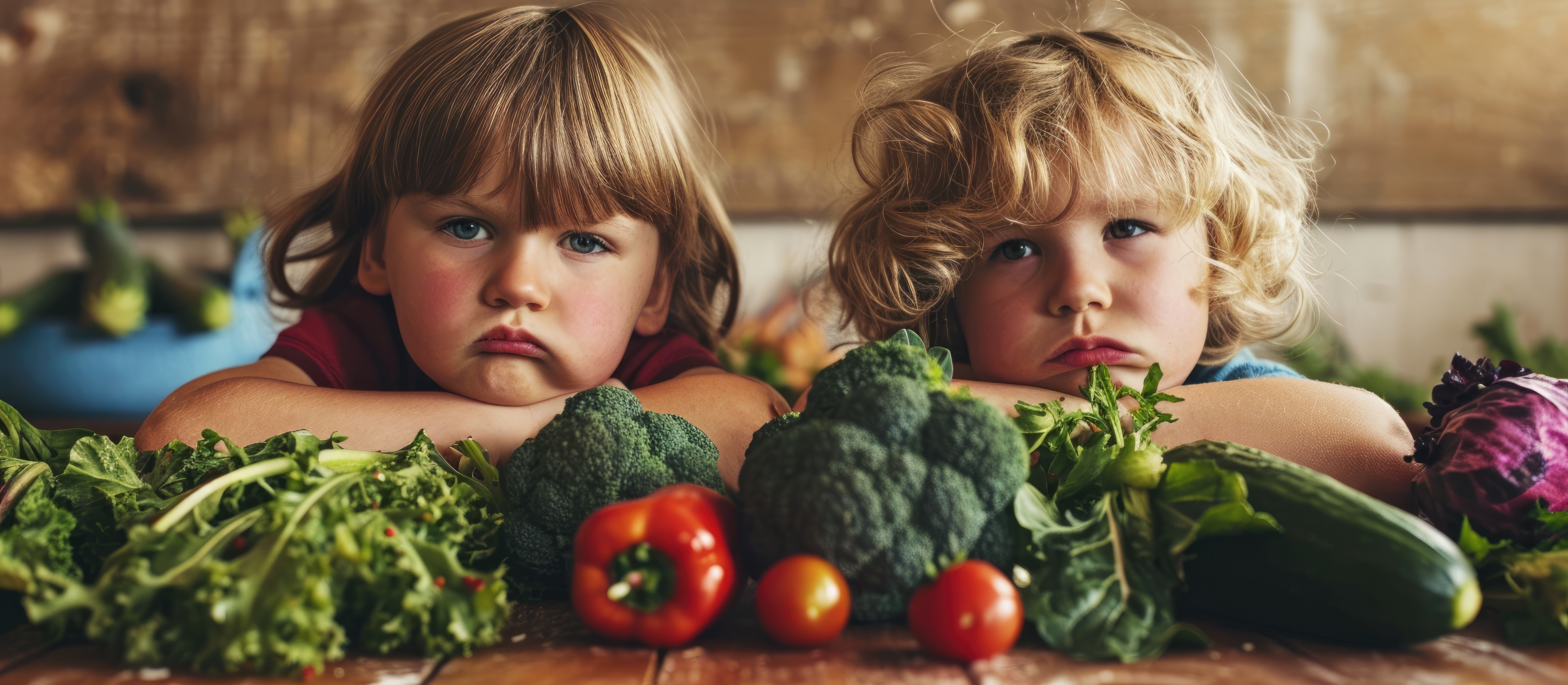 Picture of children looking sad with vegetables