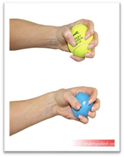 Two hands clenching a tennis ball and a blue ball
